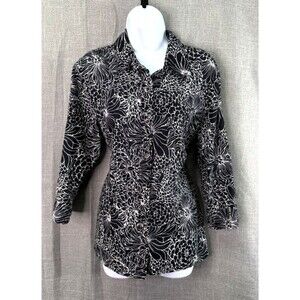 Karen Scott 3/4 Sleeve Button Down Blouse Black White Floral Women's Size L